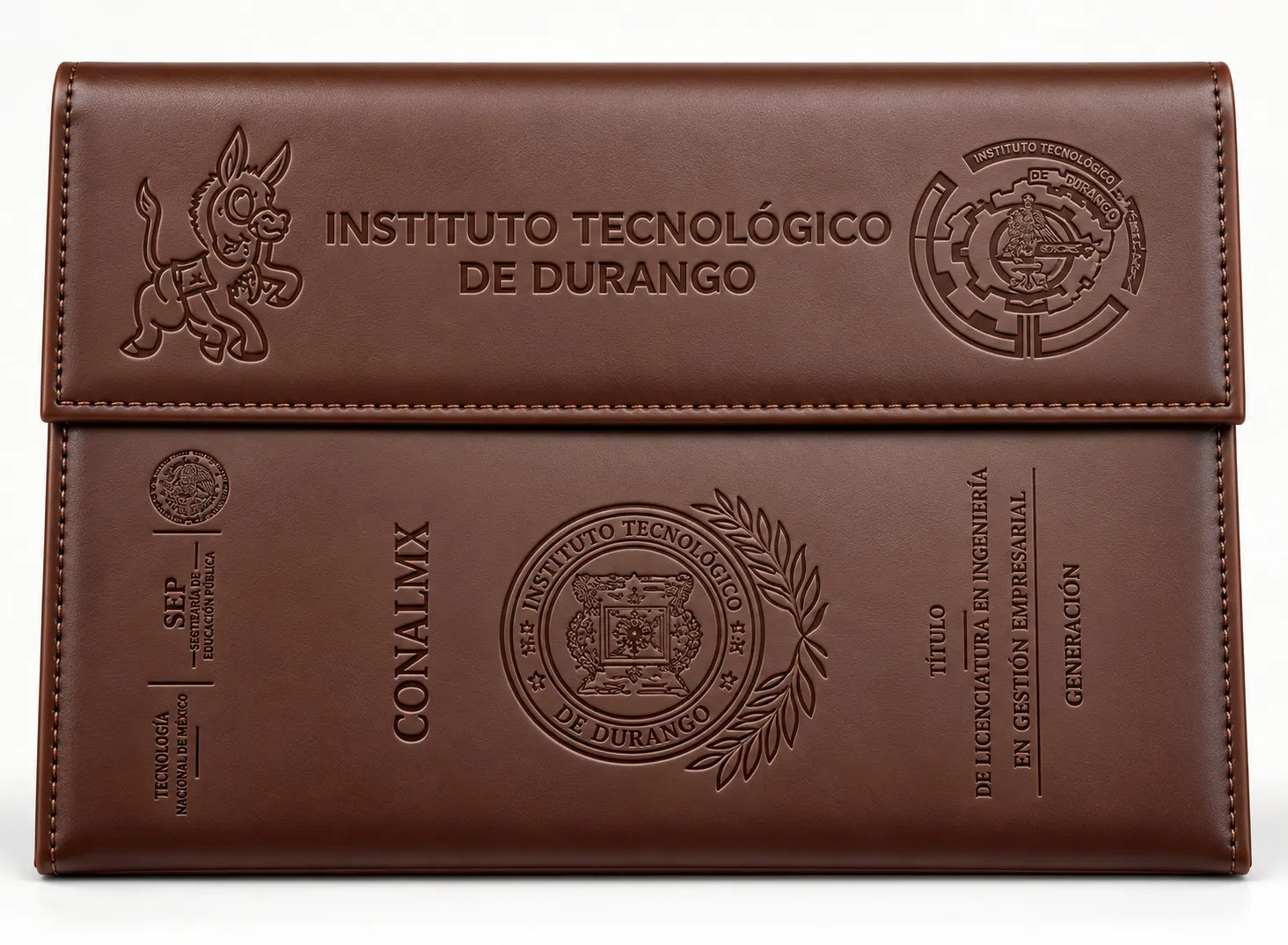 Carpeta de piel café con logotipos grabados en relieve
