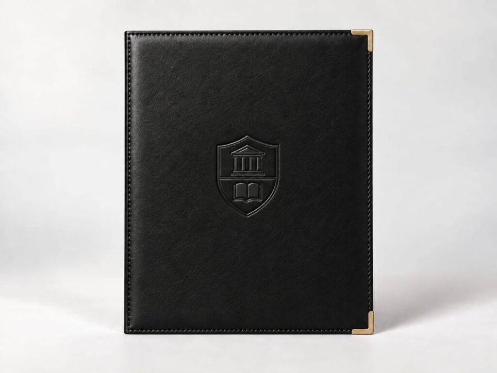 Carpeta negra con escudo grabado y esquineros dorados