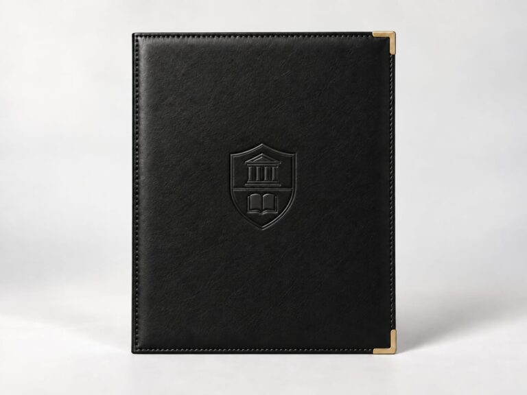Carpeta negra con escudo grabado y esquineros dorados