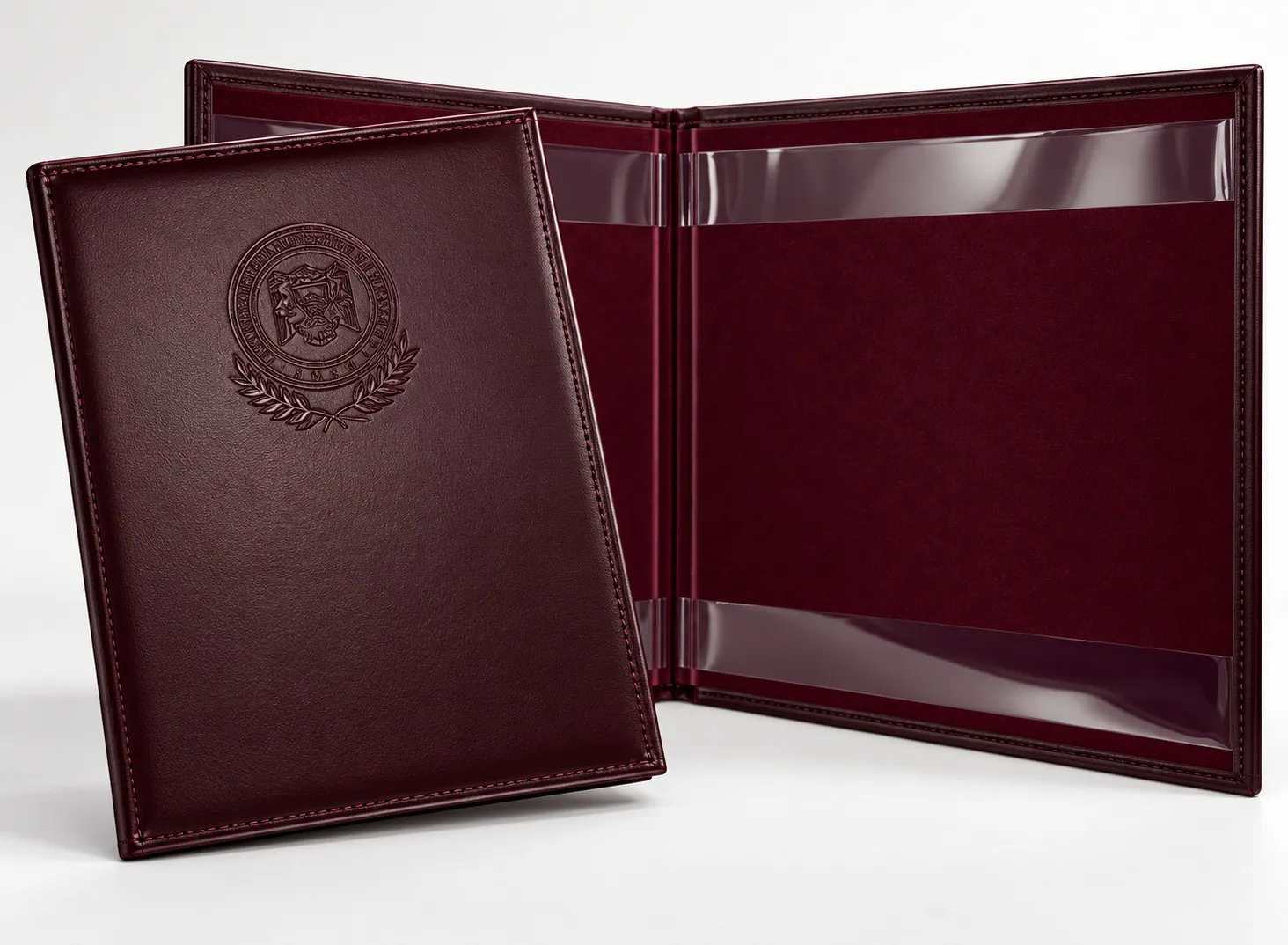 Portatítulos guinda abierto con escudo grabado