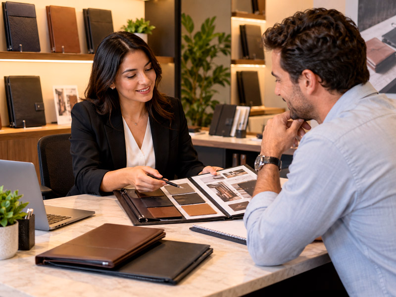 Dos personas revisan muestras de productos en una mesa de atención