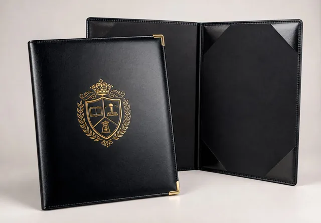 Carpeta negra con escudo dorado y carpeta abierta con esquineros interiores