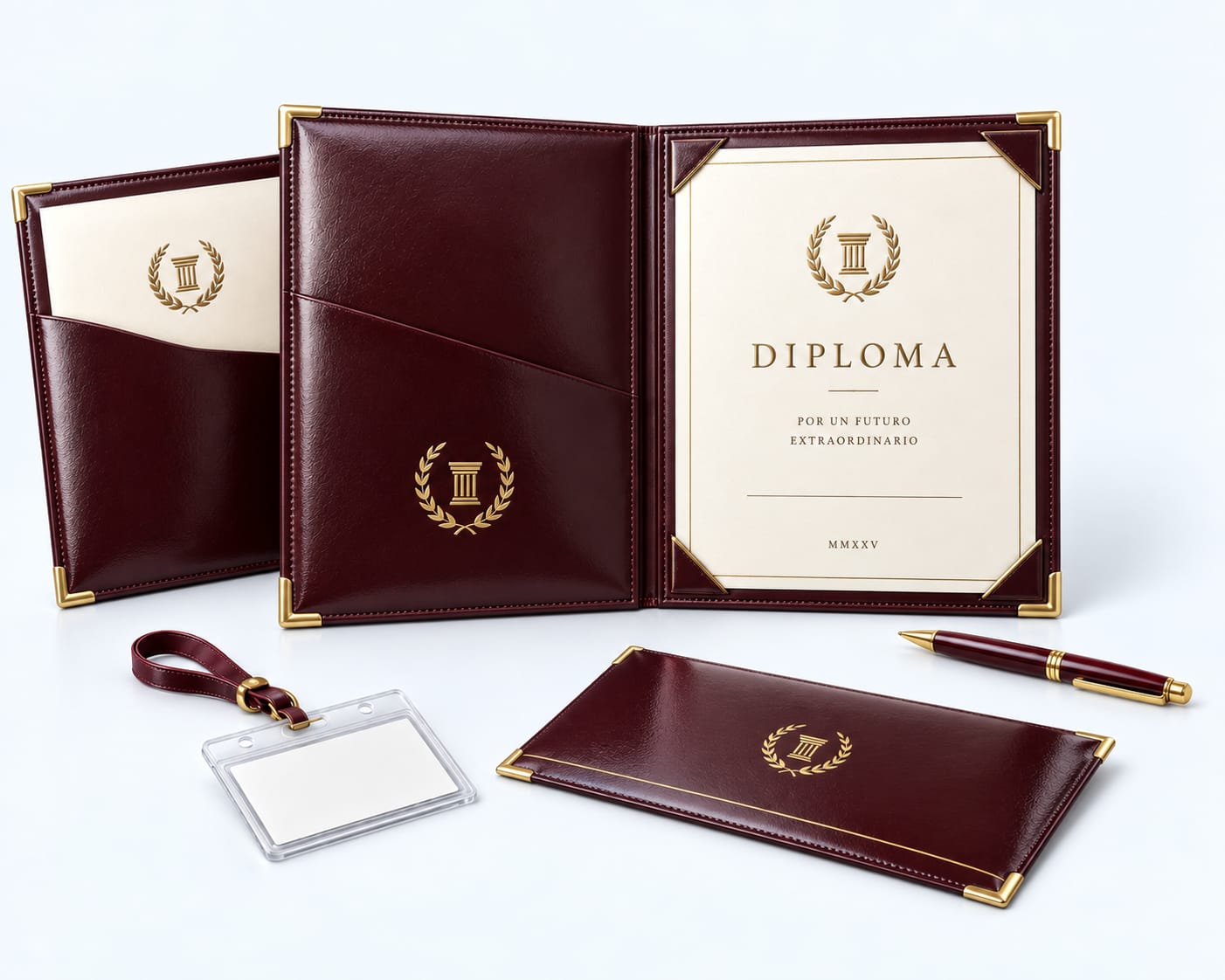 Carpeta guinda abierta con diploma, gafete con cordón y pluma