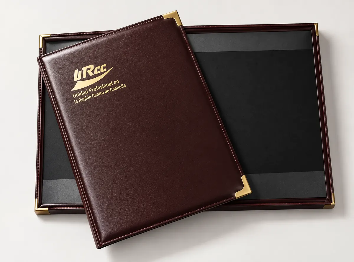 Carpeta guinda con esquineros dorados y logotipo estampado en dorado