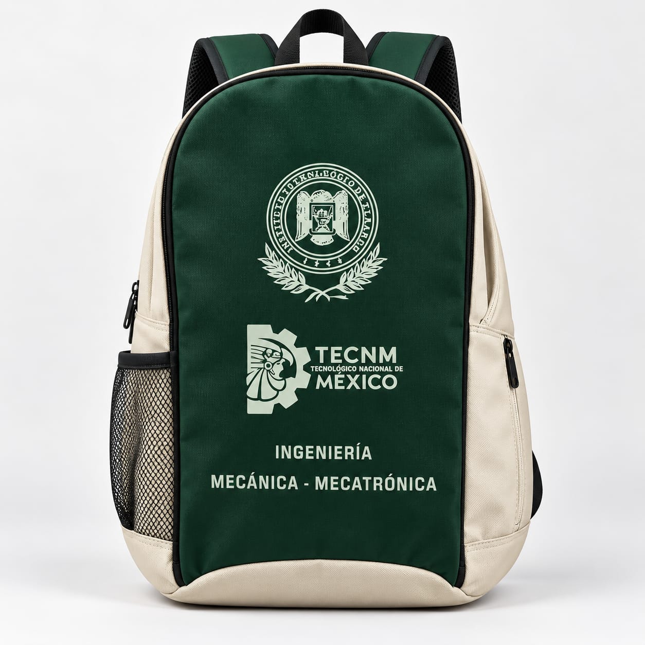 Mochila verde y beige personalizada con logotipo institucional