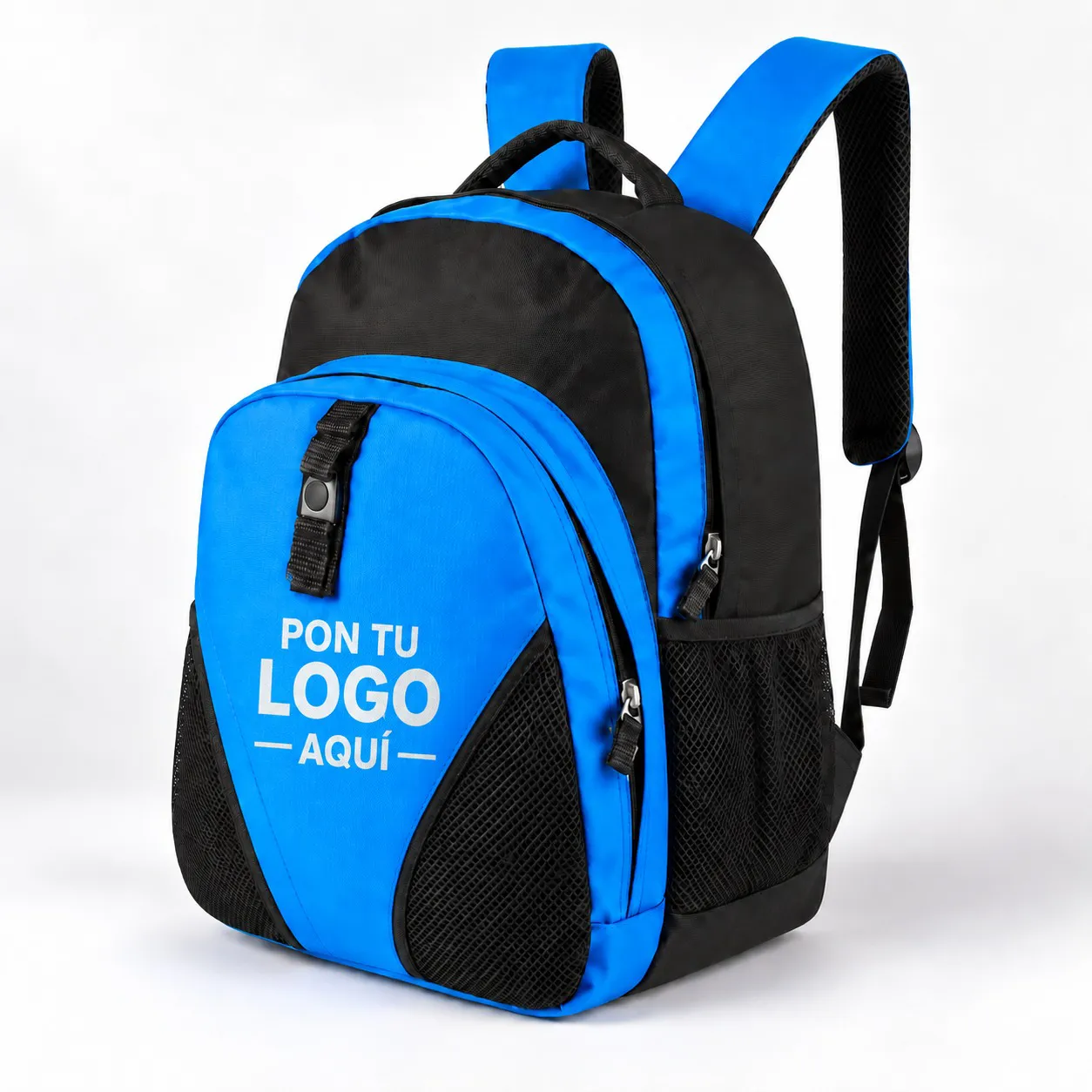 Mochila azul y negra con espacio para logotipo